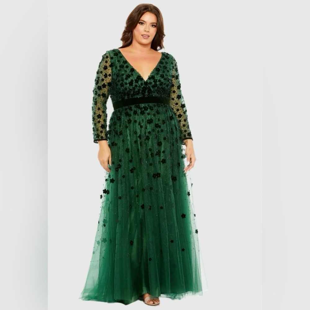 Mac Duggal Green Gown with Black Floral Accents